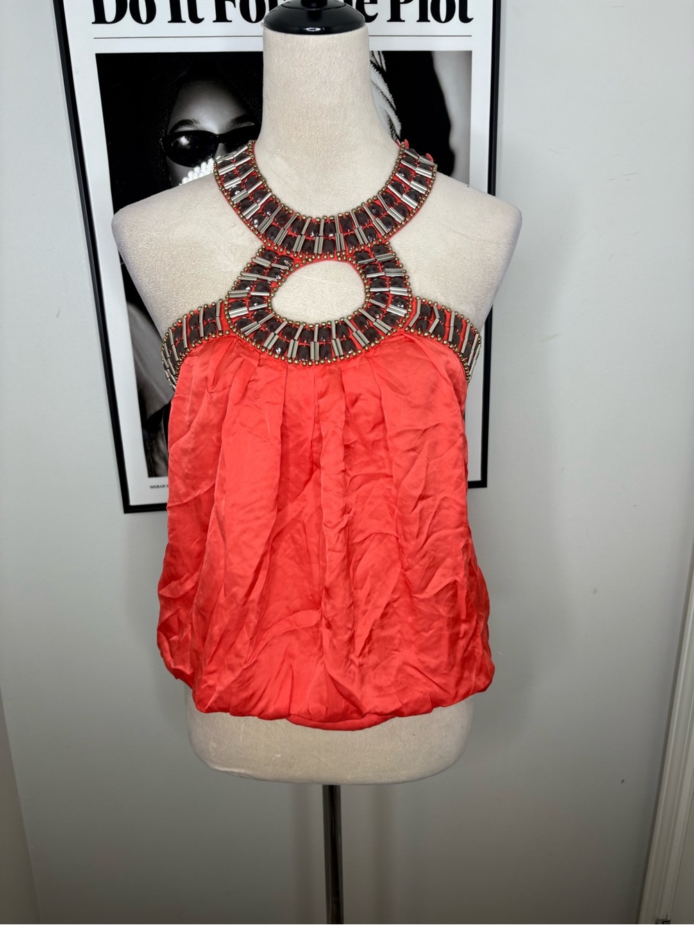 bebe Coral Red Beaded Halter Camisole